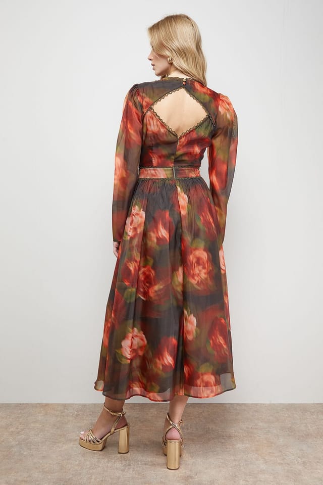 Oasis Oasis Women's V Neck Open Back Long Sleeve Midi Dress in Floral - 3