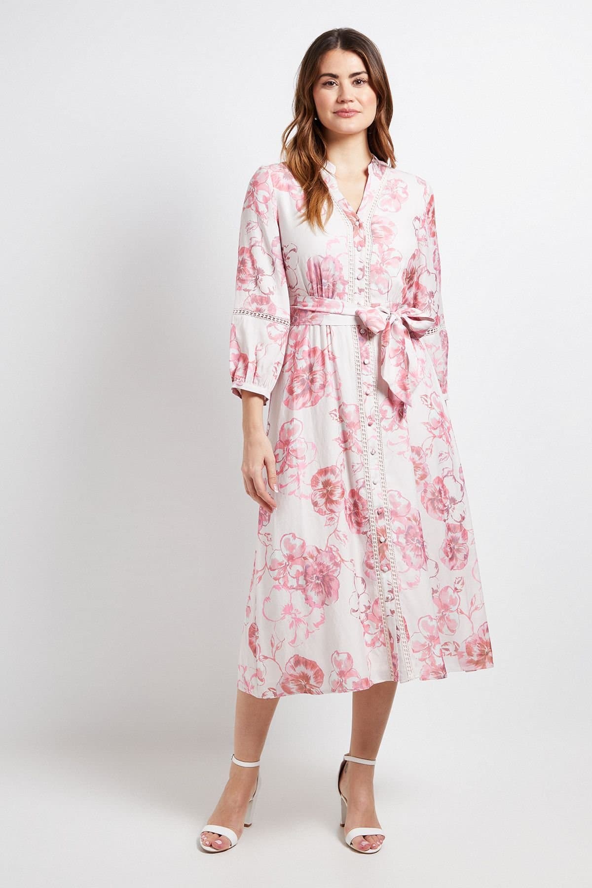 Wallis Wallis Women's Floral Lace Insert Collarless Shirt Dress in Pink