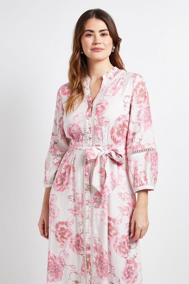 Wallis Wallis Women's Floral Lace Insert Collarless Shirt Dress in Pink - 2