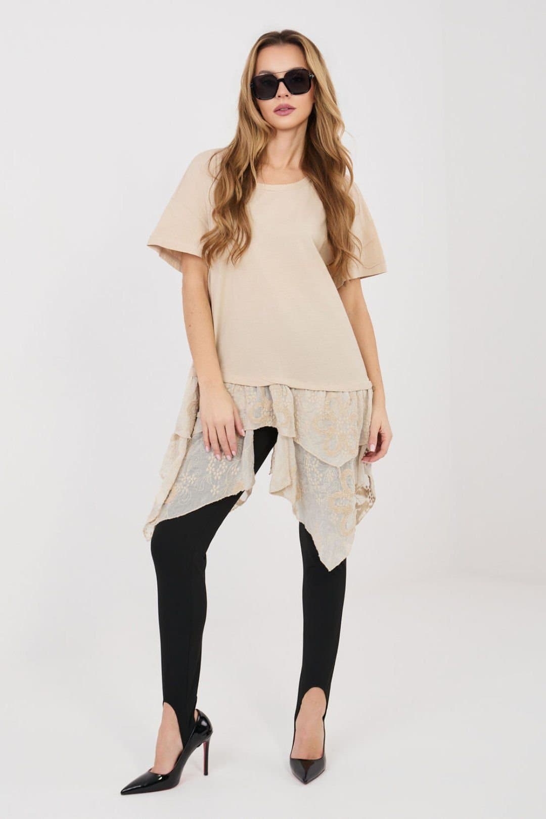 Love Lace Love Lace Women's Boho Cotton Blouse with Embroidered Flounce in Beige