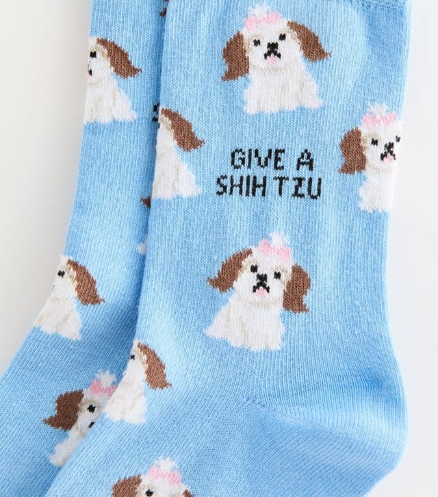 New Look Blue Cotton Rich Give A Shitzu Dog Pattern Socks New Look - 2