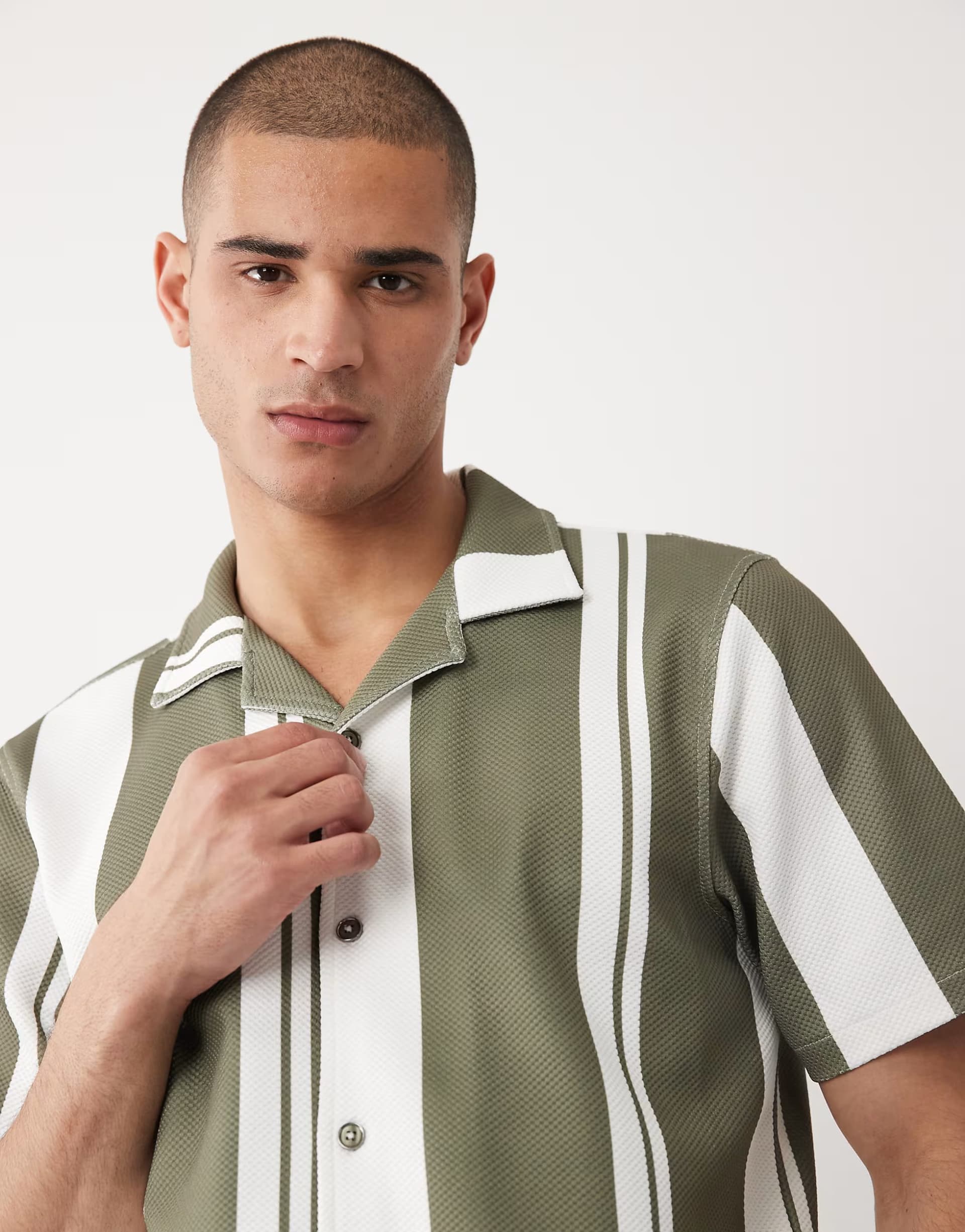 ASOS River Island short sleeve stripe revere shirt in green