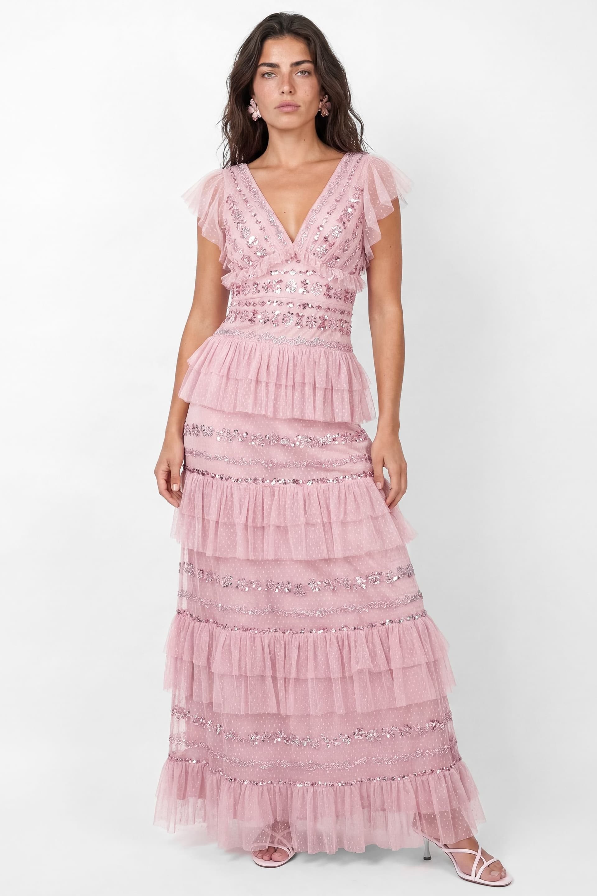 Maya Deluxe Maya Deluxe Women's Spot Mesh Embellished Flutter Sleeve Tiered Maxi Dress in Light Pink