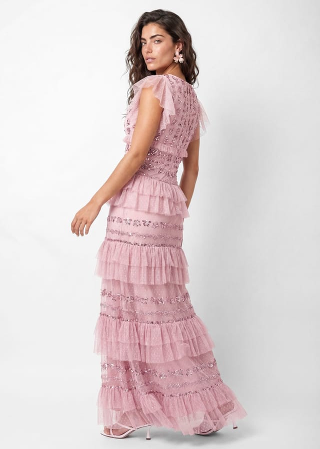 Maya Deluxe Maya Deluxe Women's Spot Mesh Embellished Flutter Sleeve Tiered Maxi Dress in Light Pink - 3