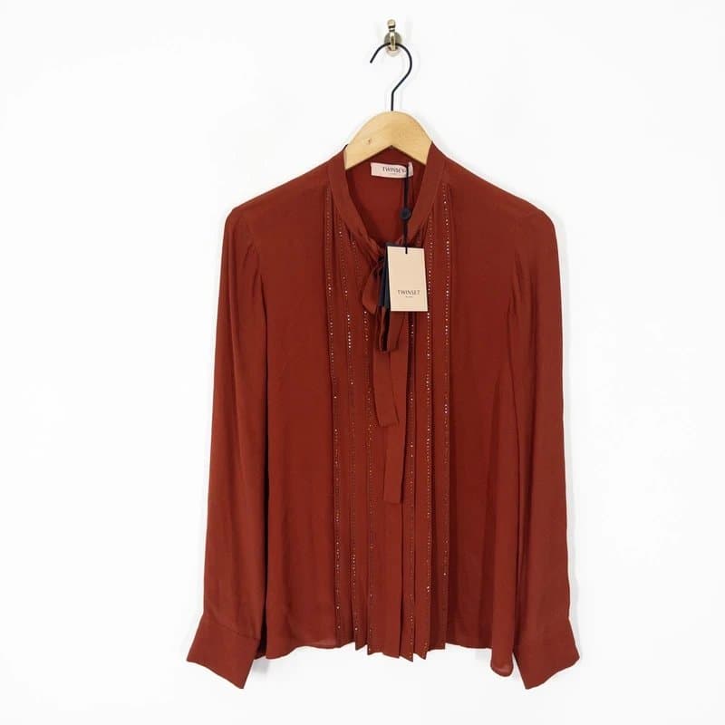 Twinset Twinset Milano Rust Studded Blouse Size 10 IT 42 Pintuck Pleated with Silk