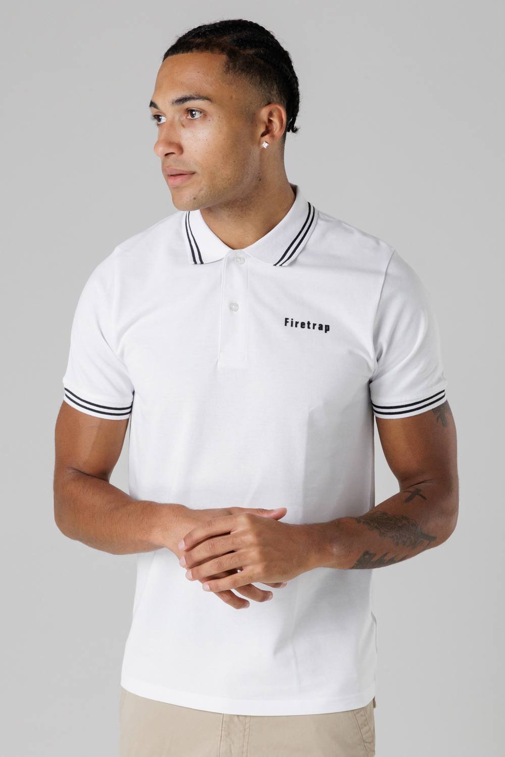 Firetrap Firetrap Men's Regular Fit Cotton Button Polo Shirt with Stripe Detail in White - 2