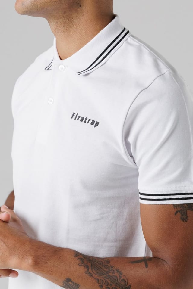 Firetrap Firetrap Men's Regular Fit Cotton Button Polo Shirt with Stripe Detail in White - 3