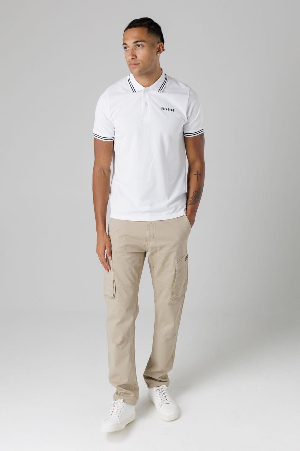 Firetrap Firetrap Men's Regular Fit Cotton Button Polo Shirt with Stripe Detail in White - 4