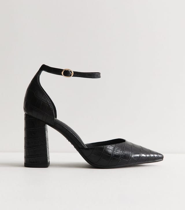 New Look Women's Wide Fit Black Crocodile Faux Leather Buckle Strap Pumps Vegan New Look - 2