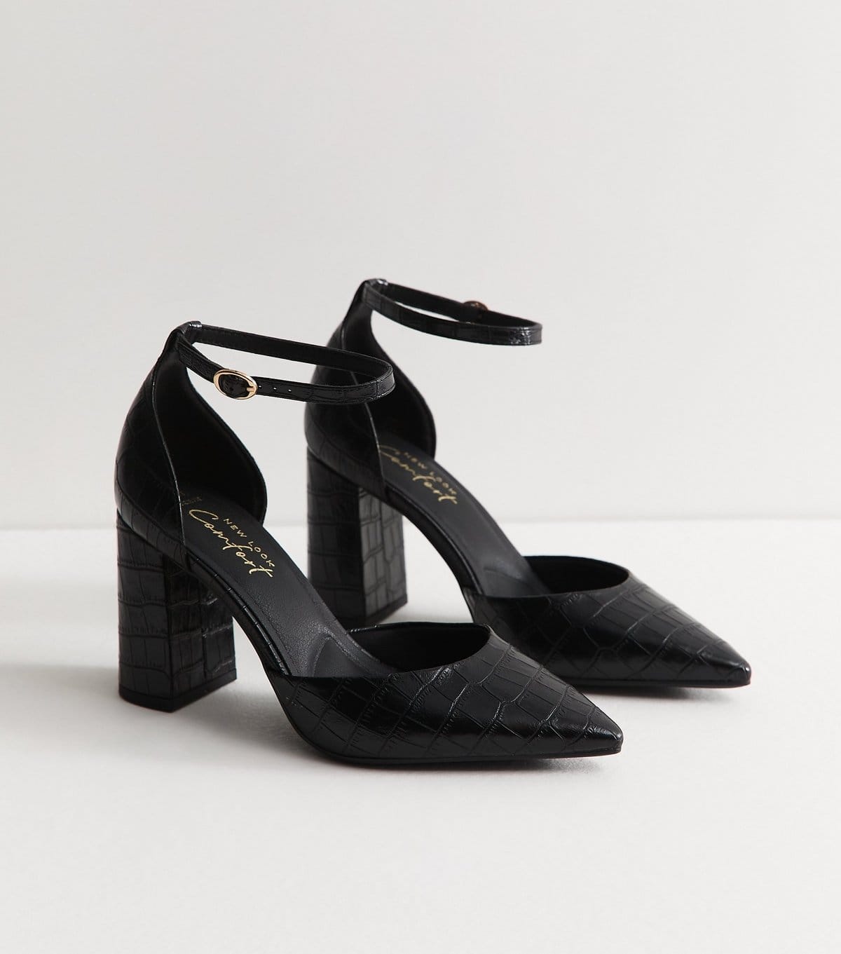 New Look Women's Wide Fit Black Crocodile Faux Leather Buckle Strap Pumps Vegan New Look - 4