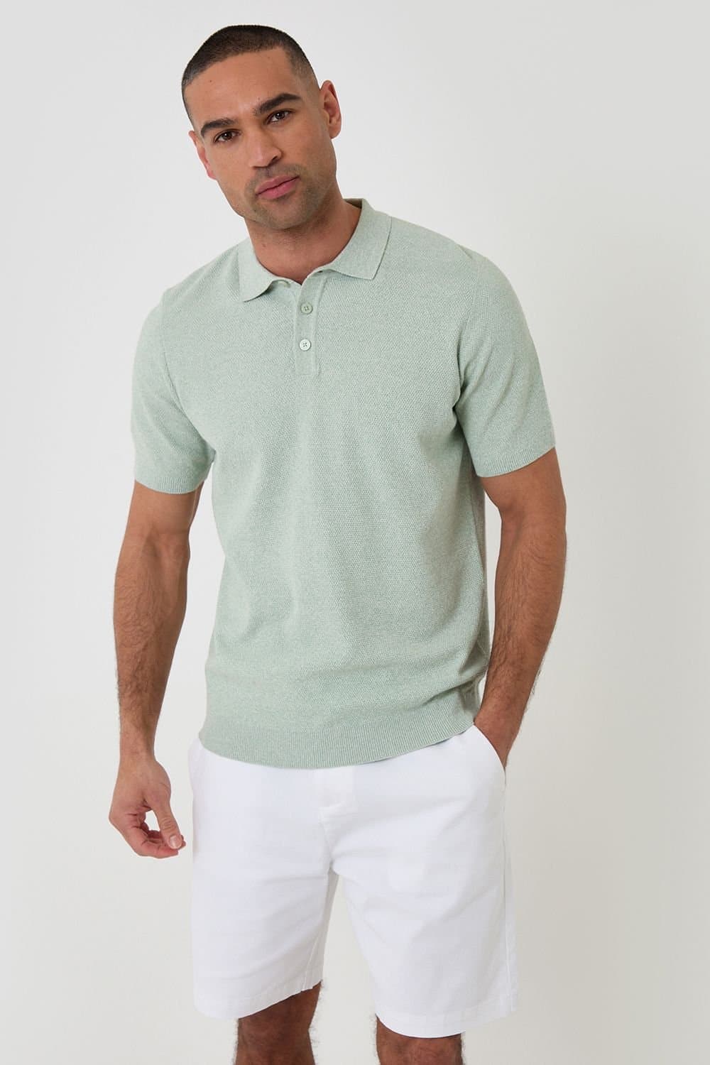 Threadbare threadbare Men's Moss Stitch Knitted Polo in Pale Green