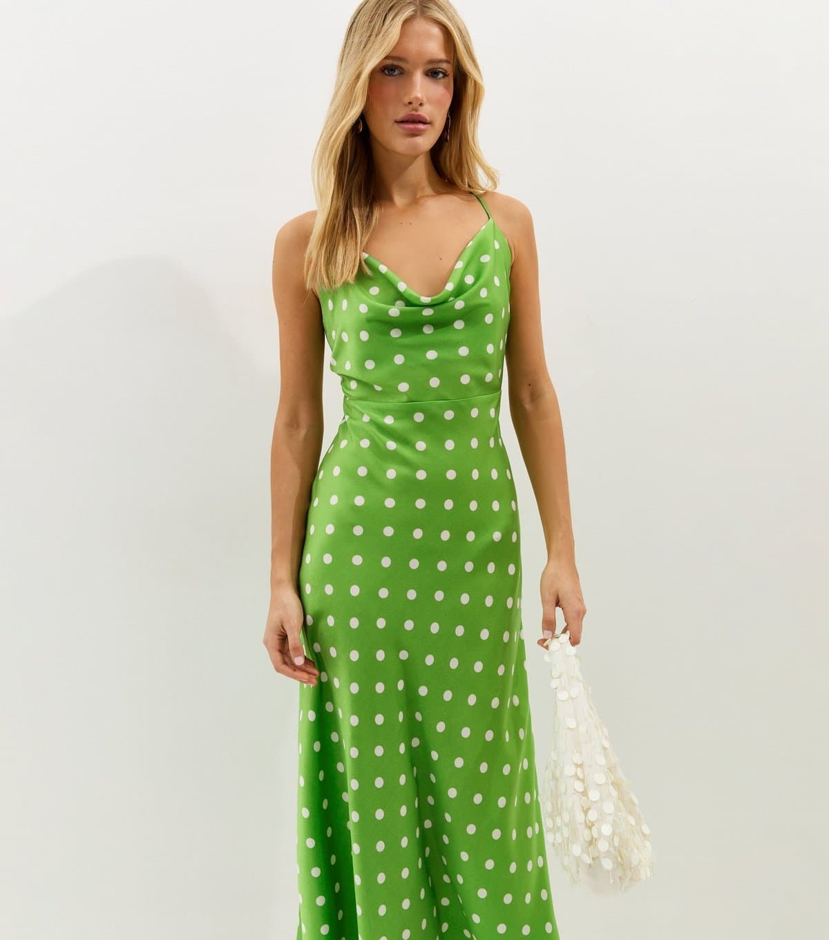 New Look Women's Green Polka Dot Satin Strappy Midi Dress New Look