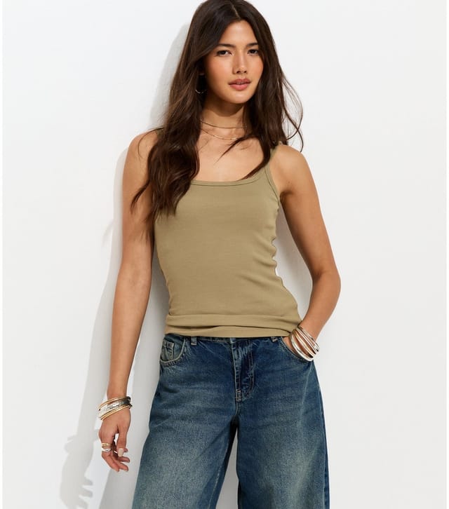 New Look Women's Dark Khaki Ribbed Strappy Cami Top New Look - 2