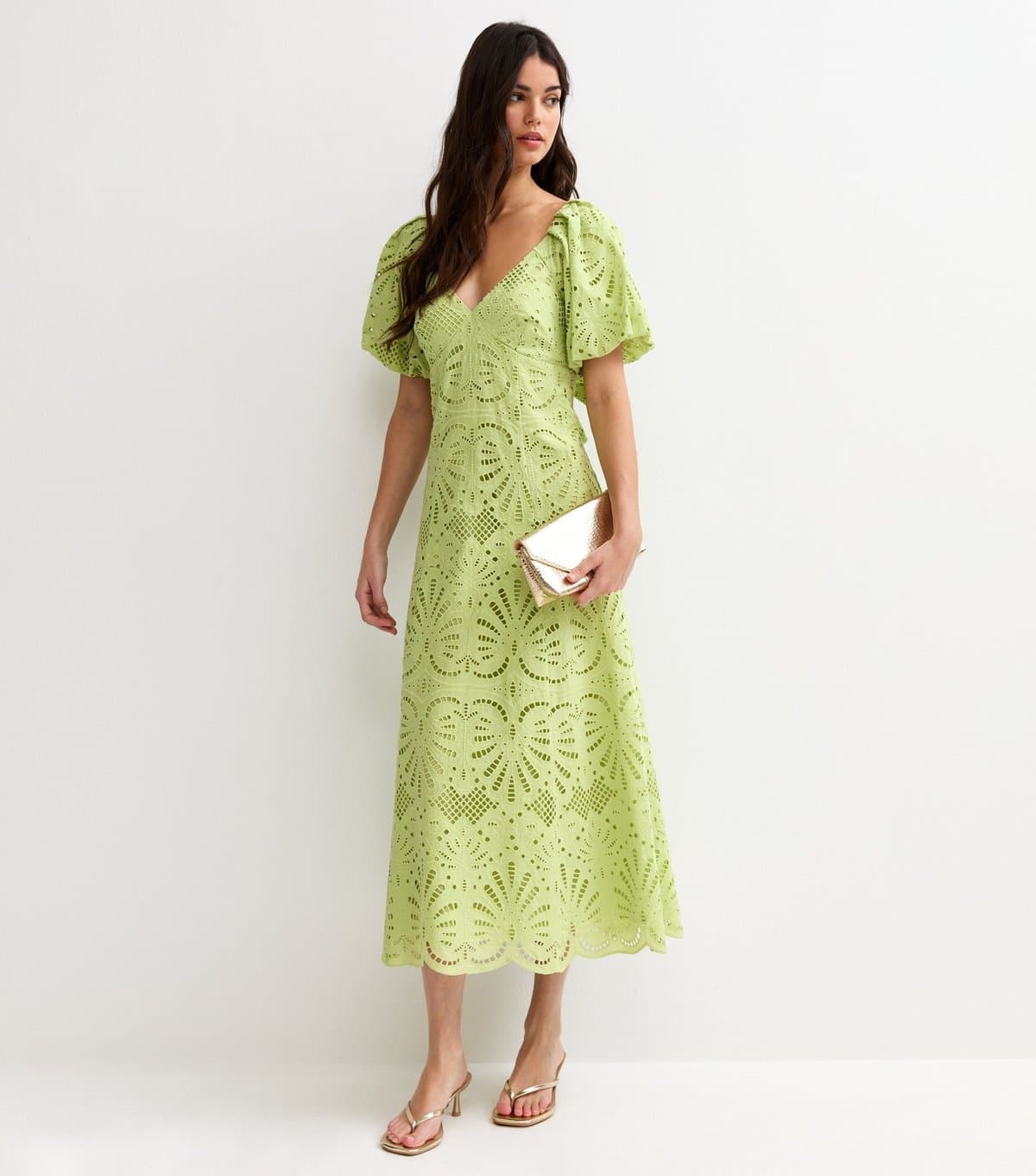 New Look Women's Light Green Broderie Anglaise Puff Sleeve Midi Dress New Look