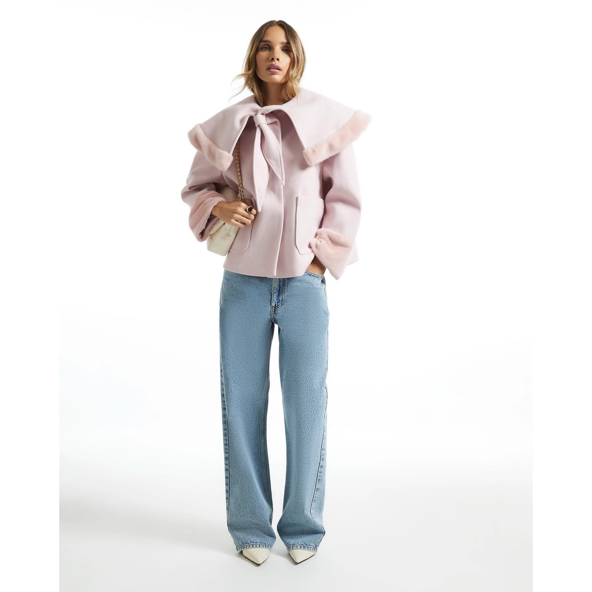 River Island River Island Womens Pink Faux Fur Trim Cape Jacket