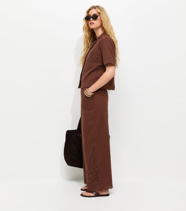 New Look Women's Brown Wide Leg Broderie Wide Leg Trousers New Look - 3