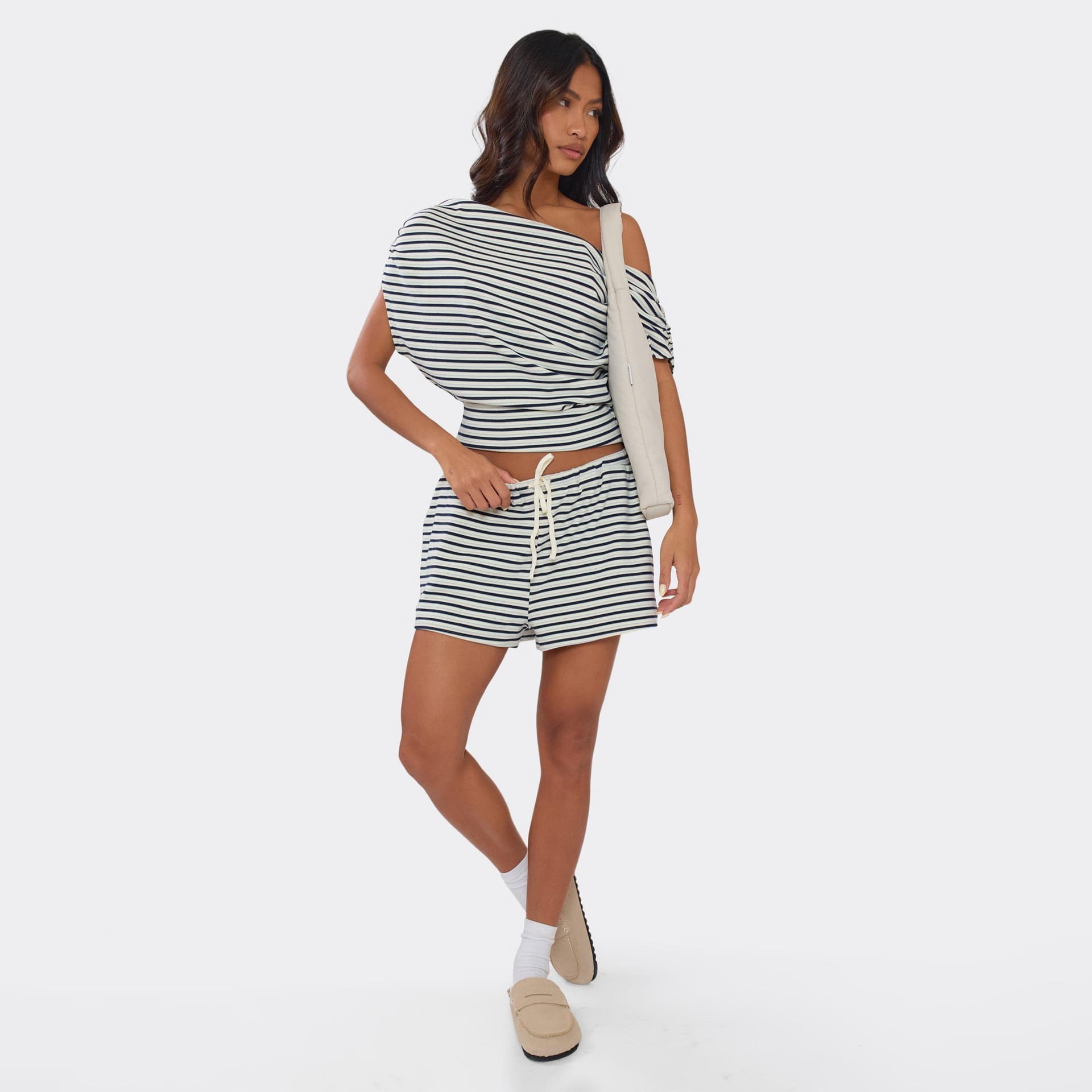 EGO Tie Waist Mini Shorts In Blue Stripe Soft Fleece, Women's Size UK 6