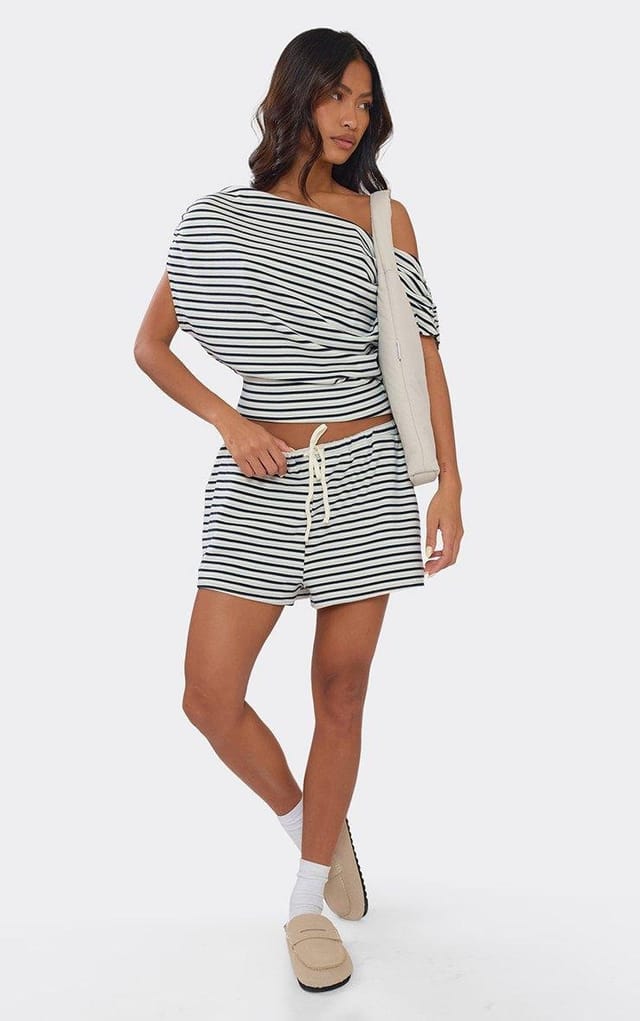 EGO Tie Waist Mini Shorts In Blue Stripe Soft Fleece, Women's Size UK 6 - 2