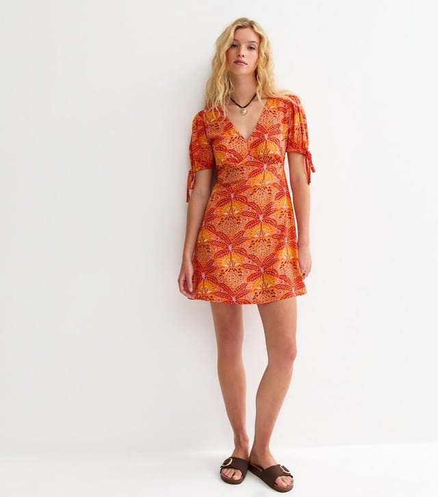New Look Women's Orange Patterned Tie Sleeve Mini Dress New Look - 2