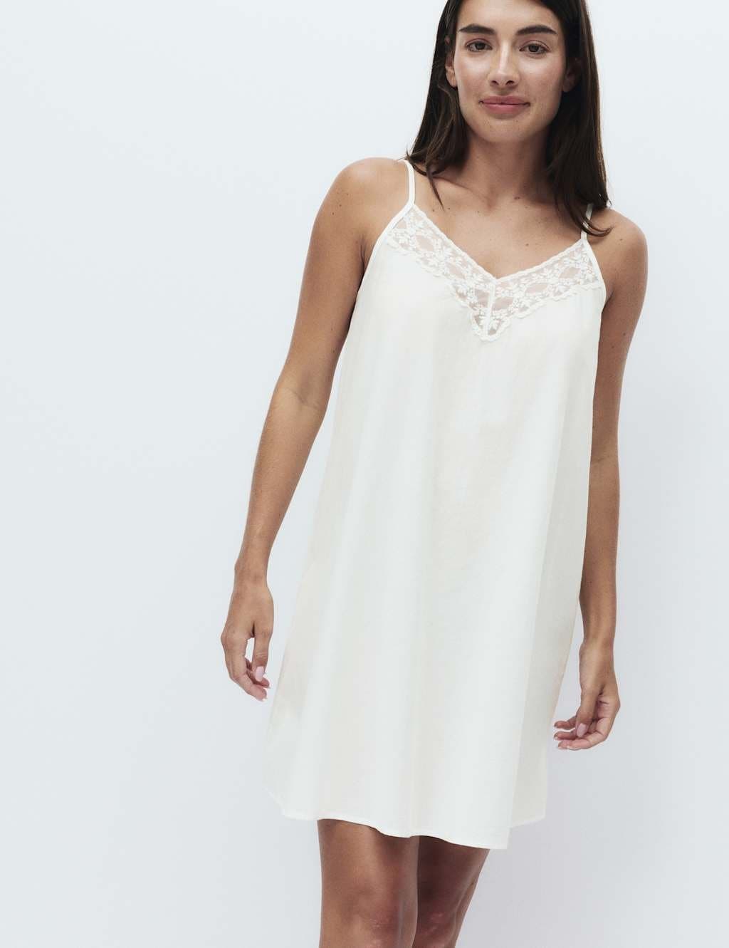Marks & Spencer M&S Pure Cotton Lace Trim Chemise Ivory