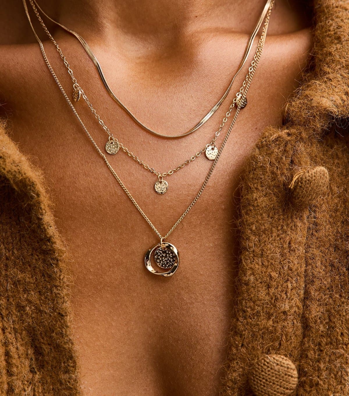 New Look Gold Tone 3-Layer Diamante Circle Charm Necklace New Look