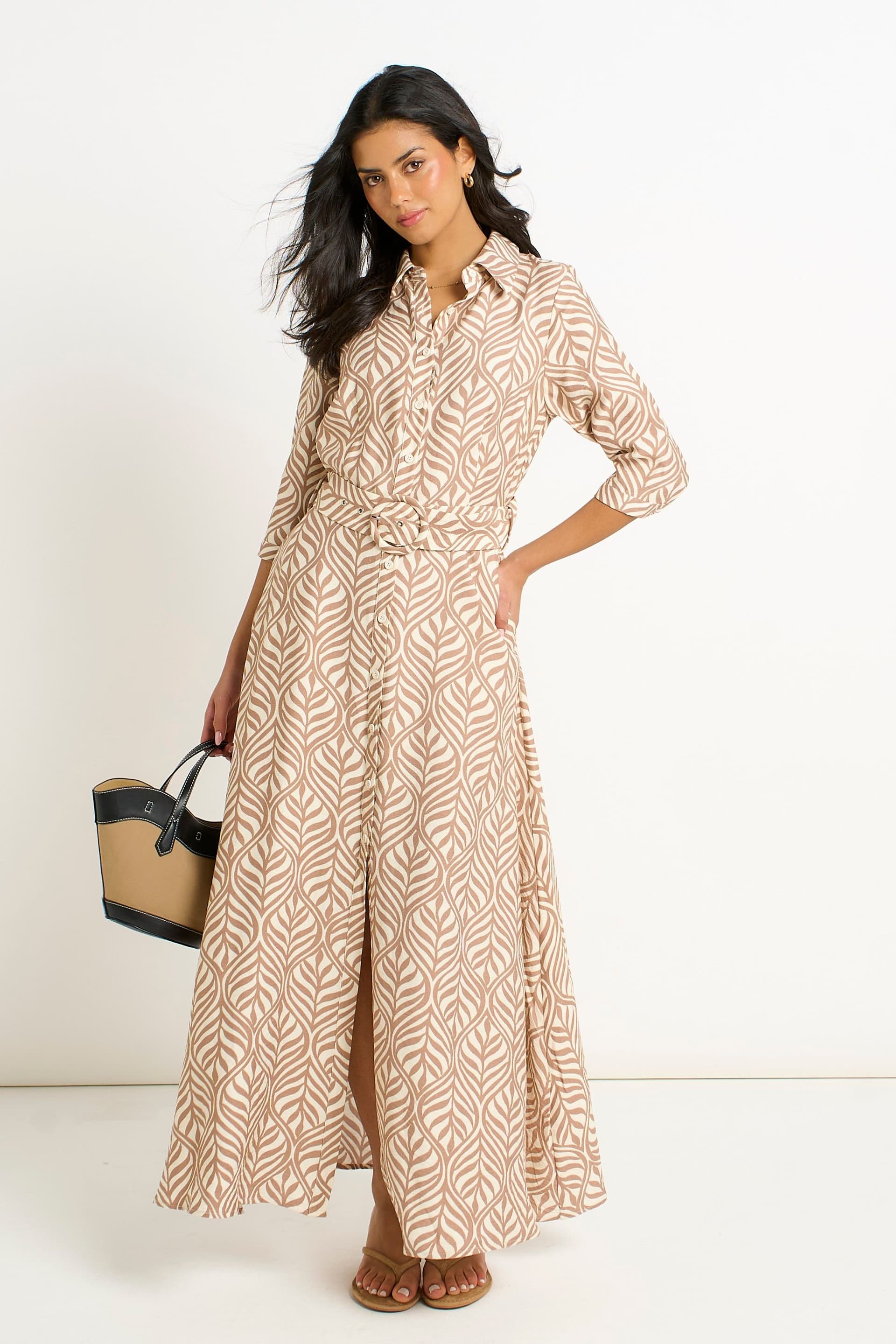 Gini London Gini London Women's Beige Belted Shirt Maxi Dress