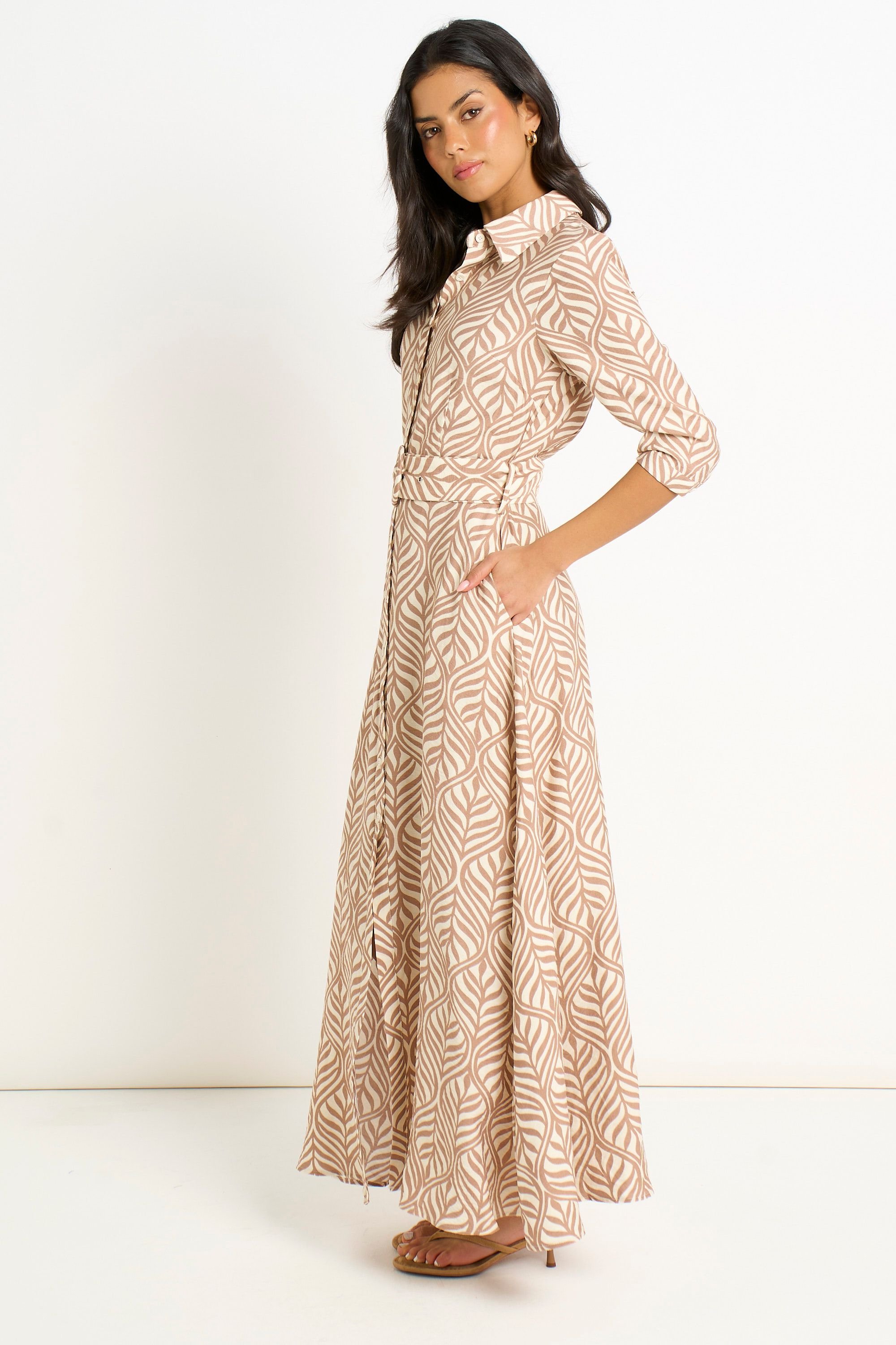 Gini London Gini London Women's Beige Belted Shirt Maxi Dress - 3