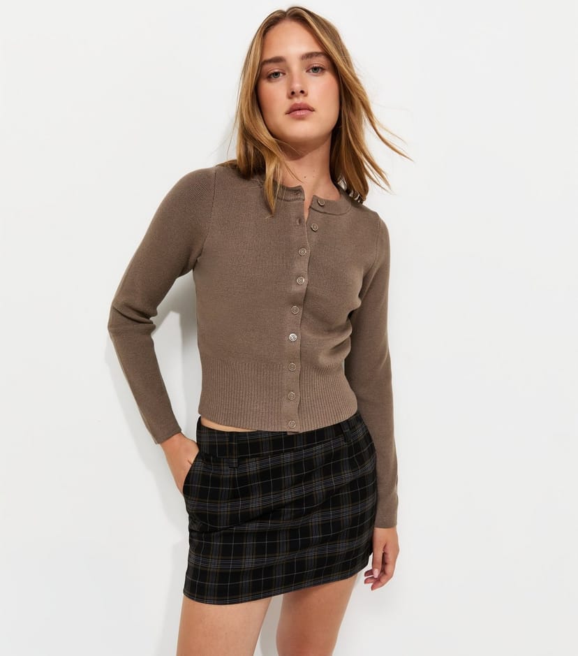 New Look Women's Dark Mink Compact Knit Crew Neck Cardigan New Look - 1