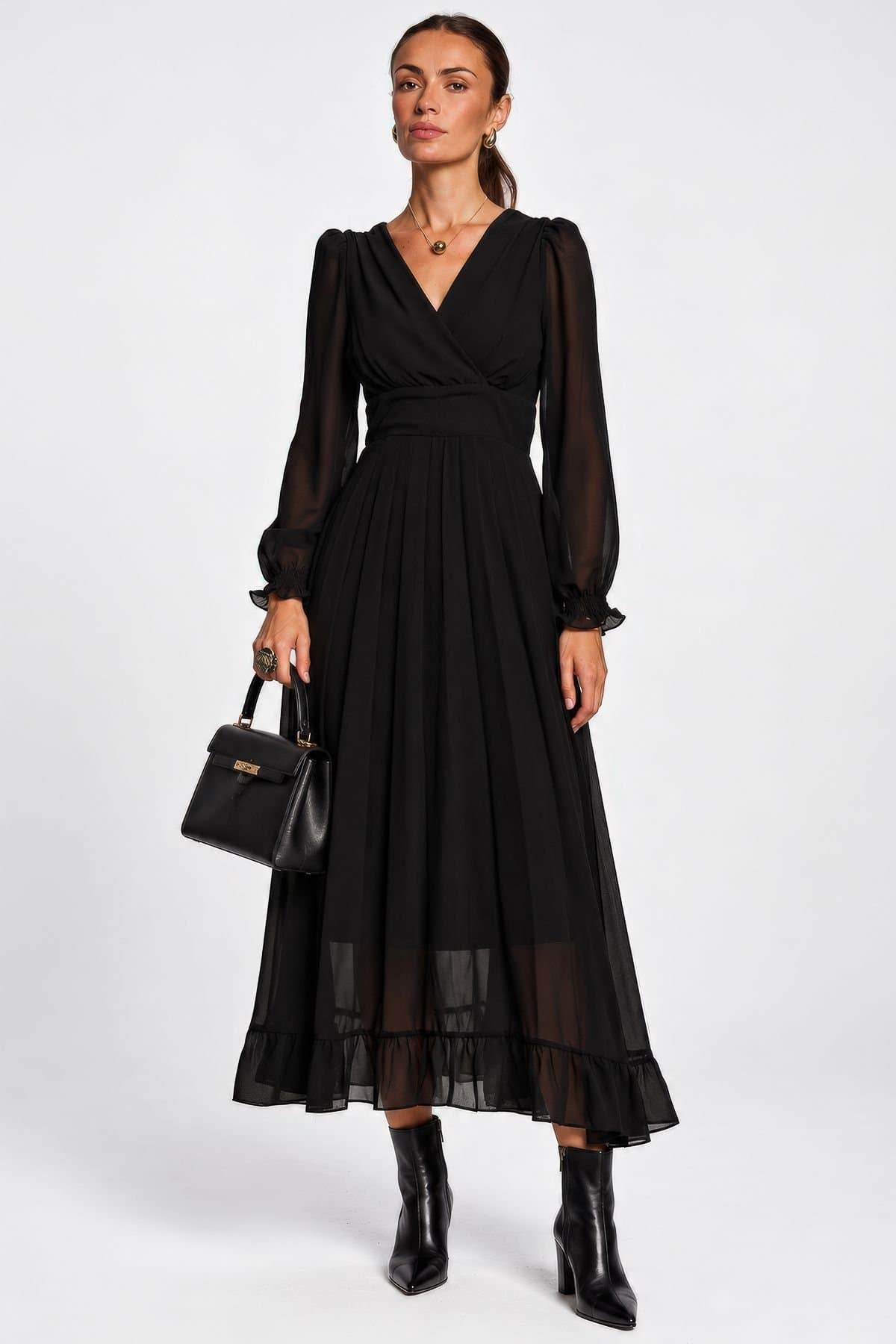 Jolie Moi Jolie Moi Women's Long Sleeve Chiffon Pleated Maxi Dress in Black
