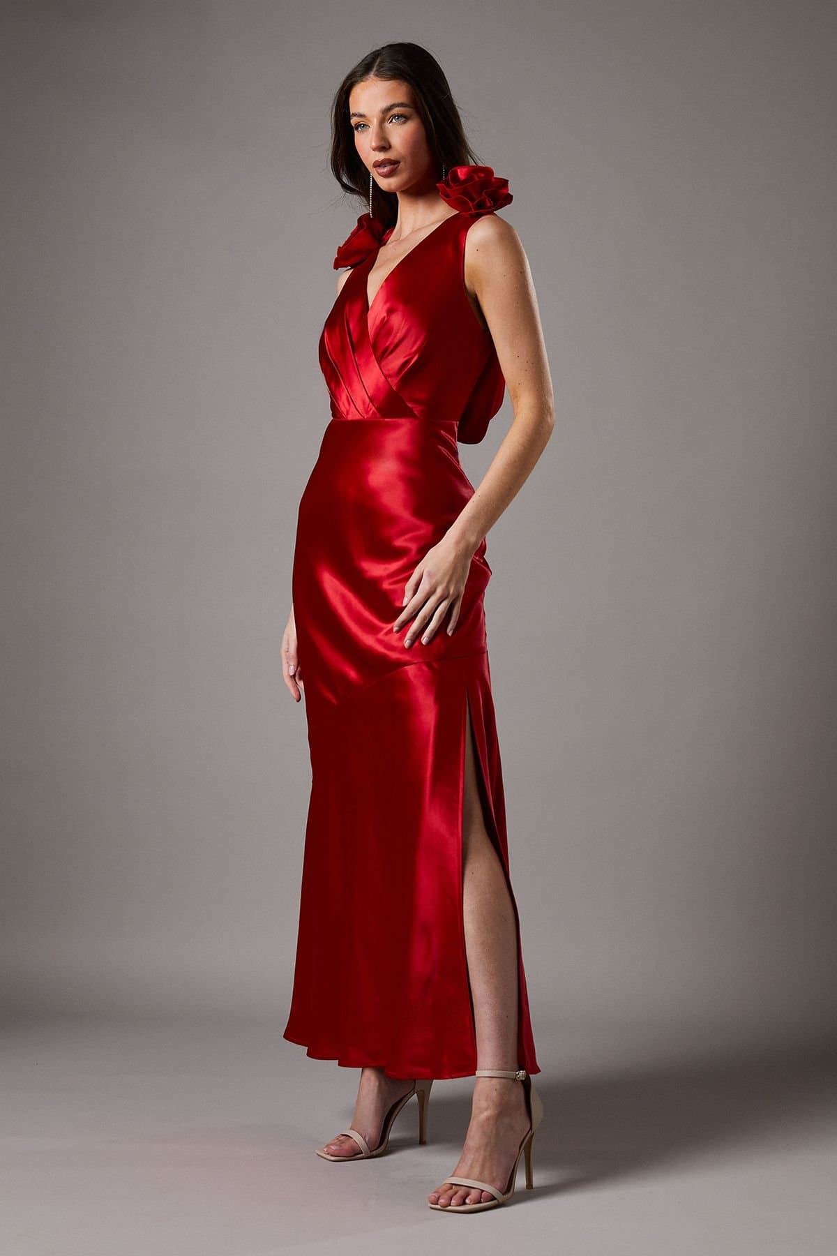 Coast Coast Women's Statement Corsage Satin Maxi Dress in Red