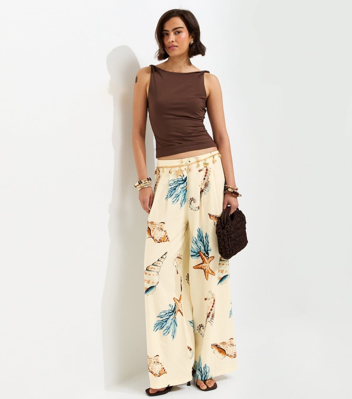 New Look Women's Cream Linen Rich Seahorse Print  Wide Leg Trousers New Look