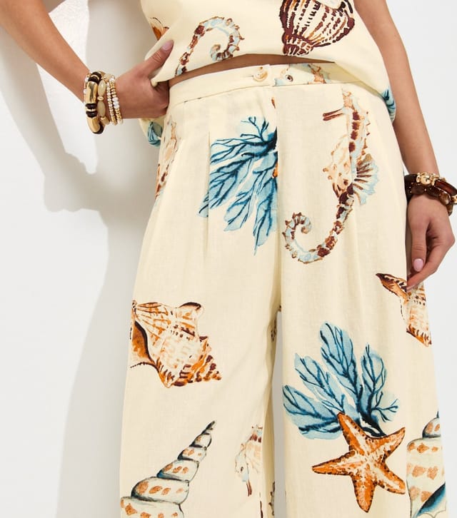 New Look Women's Cream Linen Rich Seahorse Print  Wide Leg Trousers New Look - 2