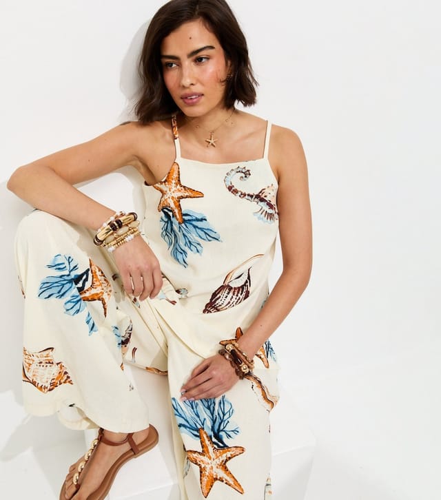 New Look Women's Cream Linen Rich Seahorse Print  Wide Leg Trousers New Look - 3