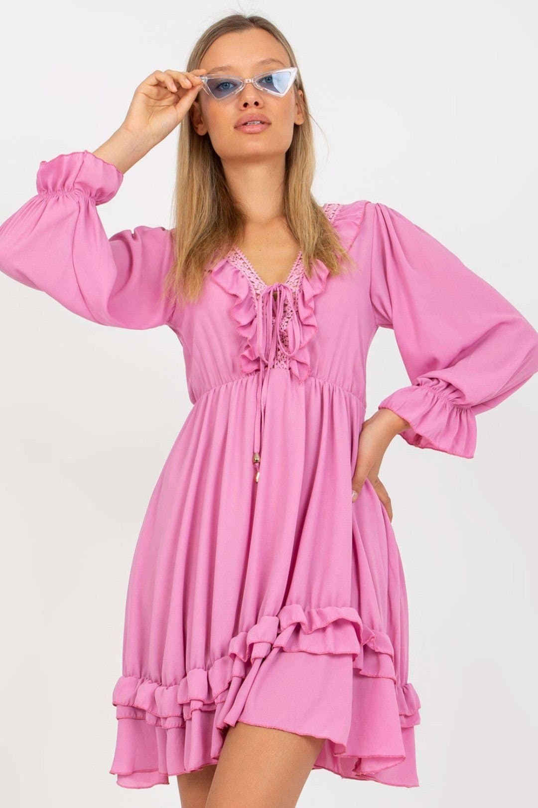 Love Lace Love Lace Women's Boho Flounce Sleeve Mini Day Dress in Pink