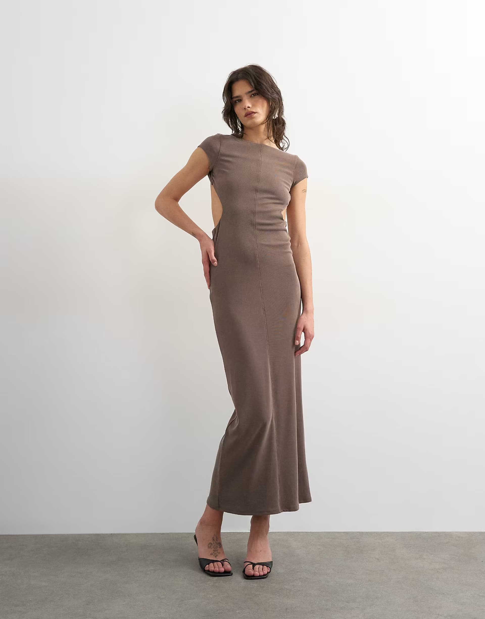 ASOS Topshop soft touch double layer cupro cut out maxi in khaki