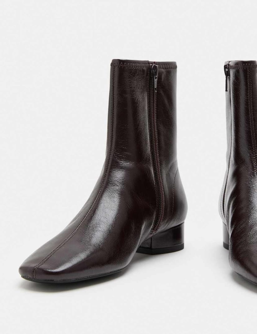 Marks & Spencer M&S Leather Block Heel Chisel Toe Sock Boots Wine - 1