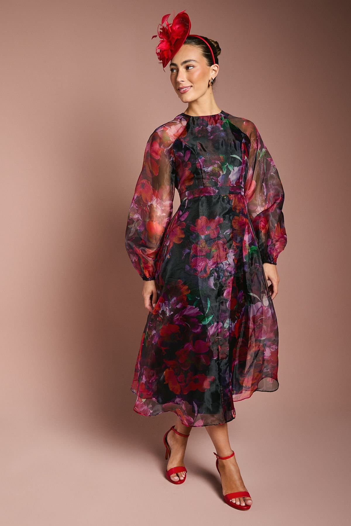 Coast Coast Women's Organza Wrap Waist Puff Sleeve Midi Dress in Pink