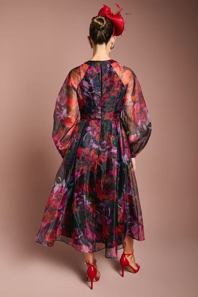 Coast Coast Women's Organza Wrap Waist Puff Sleeve Midi Dress in Pink - 3