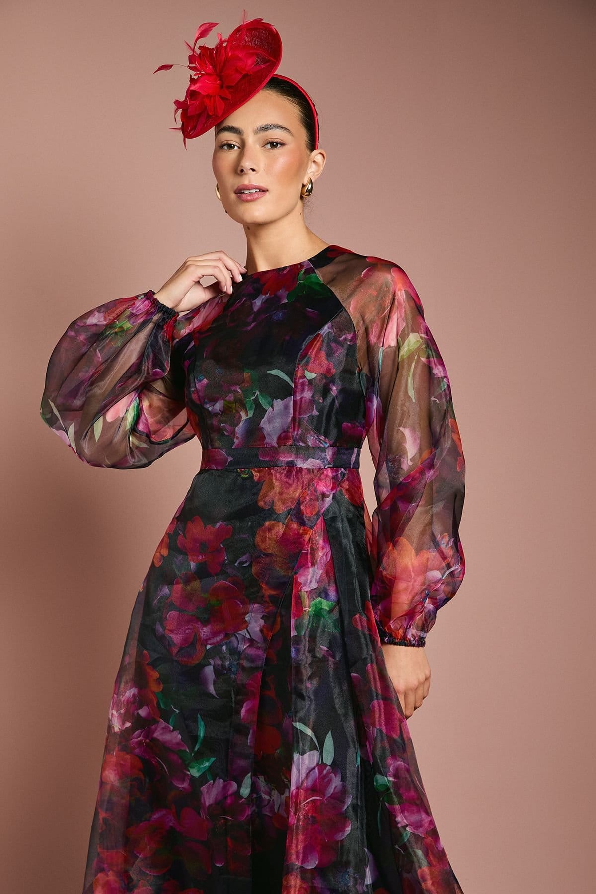 Coast Coast Women's Organza Wrap Waist Puff Sleeve Midi Dress in Pink - 4