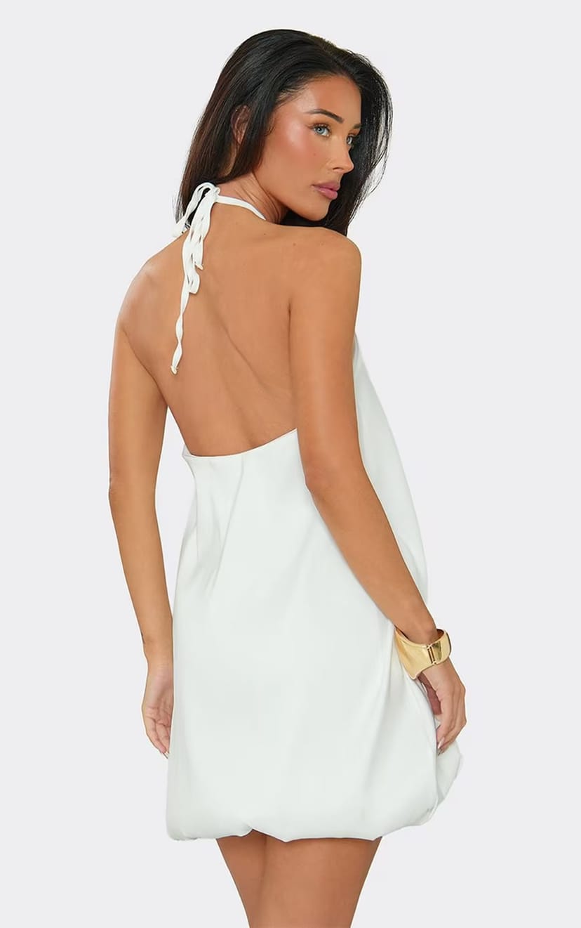 EGO Halterneck Bubble Hem Mini Dress In Ivory, Women's Size UK 6 - 1