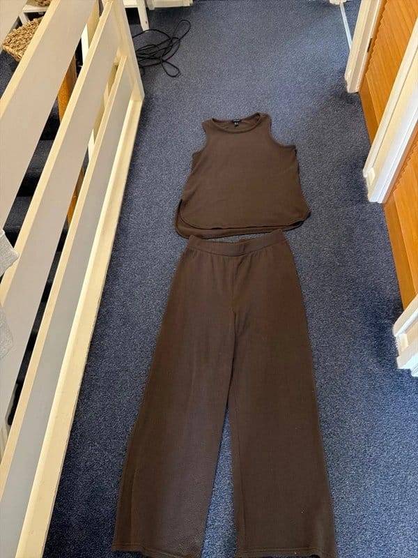 New Look Brown Knitted Crop Top and Wide-Leg Trousers Set