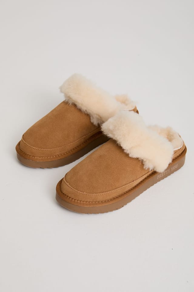Pretty You London Pretty You London Women's Hallie Sheepskin Mule Slippers in Tan - 3