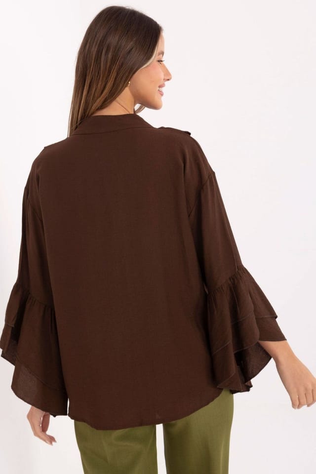 Love Lace Love Lace Women's Collarless Viscose Jabot Long Sleeve Shirt in Brown - 3
