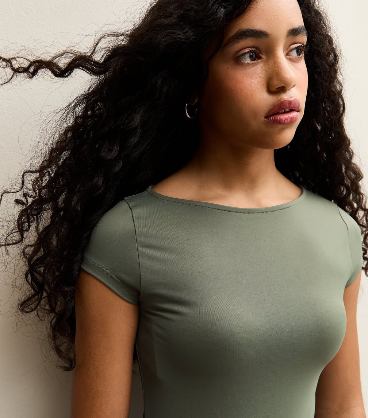 New Look Girls' Dark Khaki Slash Neck Slinky T-Shirt New Look