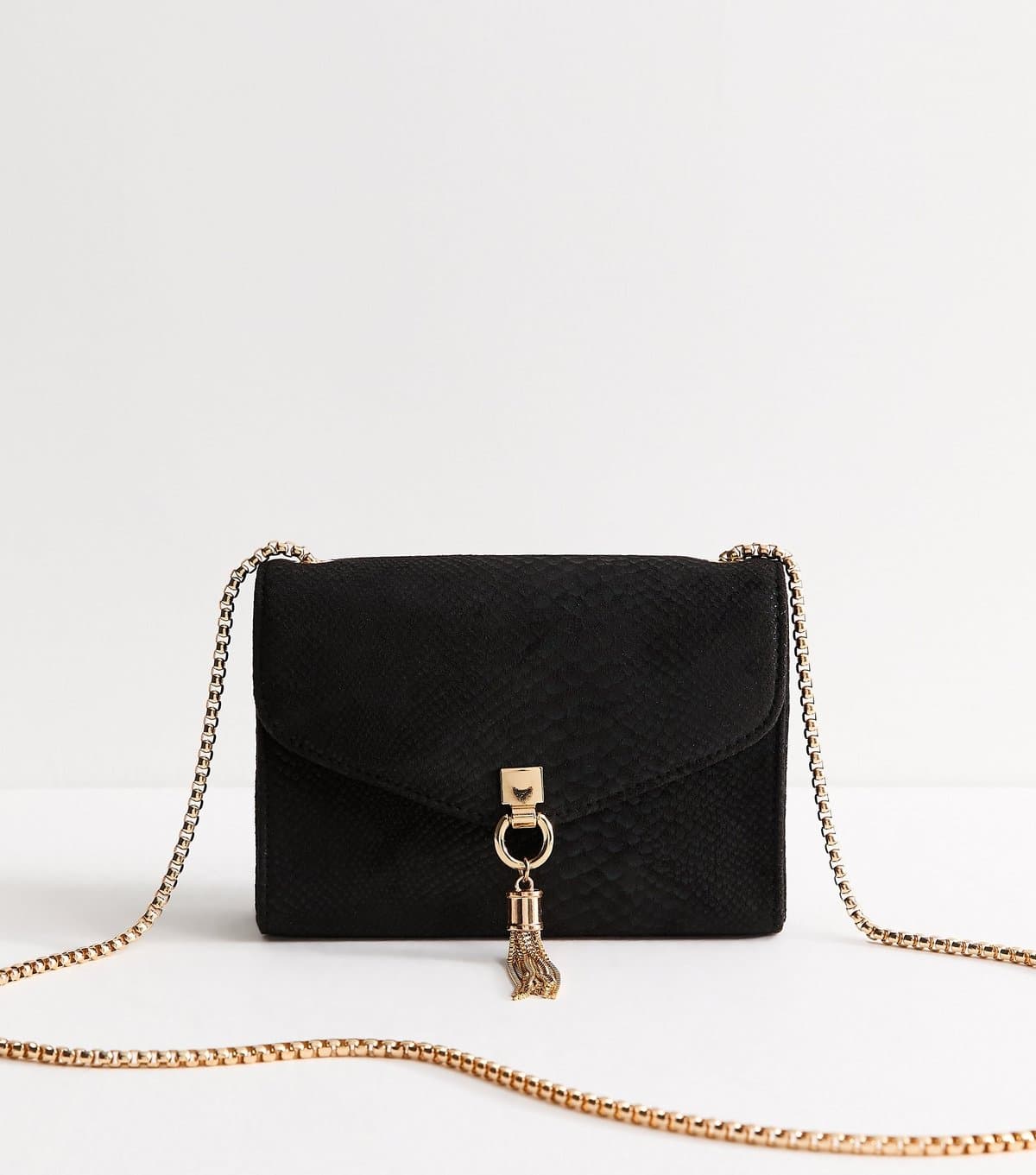 New Look Black Faux Suede Snakeskin Embossed Tassel Charm Crossbody Bag New Look