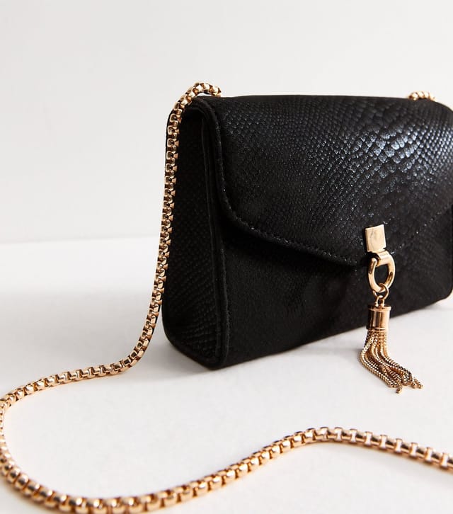 New Look Black Faux Suede Snakeskin Embossed Tassel Charm Crossbody Bag New Look - 3