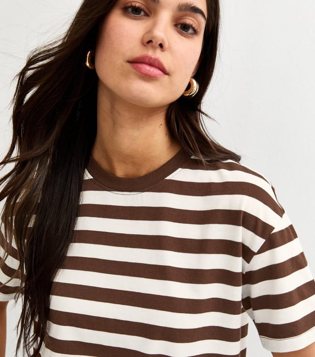 New Look Women's Brown Cotton Striped Boxy T-Shirt New Look - 2