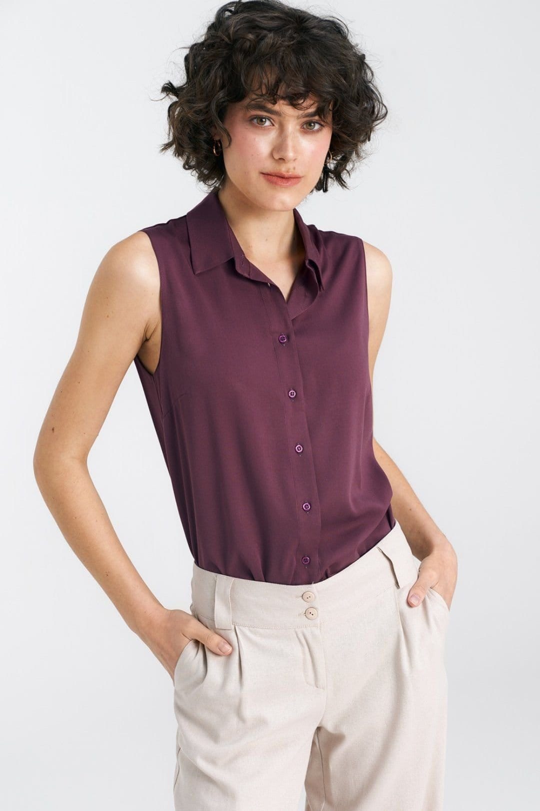 Love Lace Love Lace Women's Classic Viscose Sleeveless Shirt with Buttons in Violet - 4