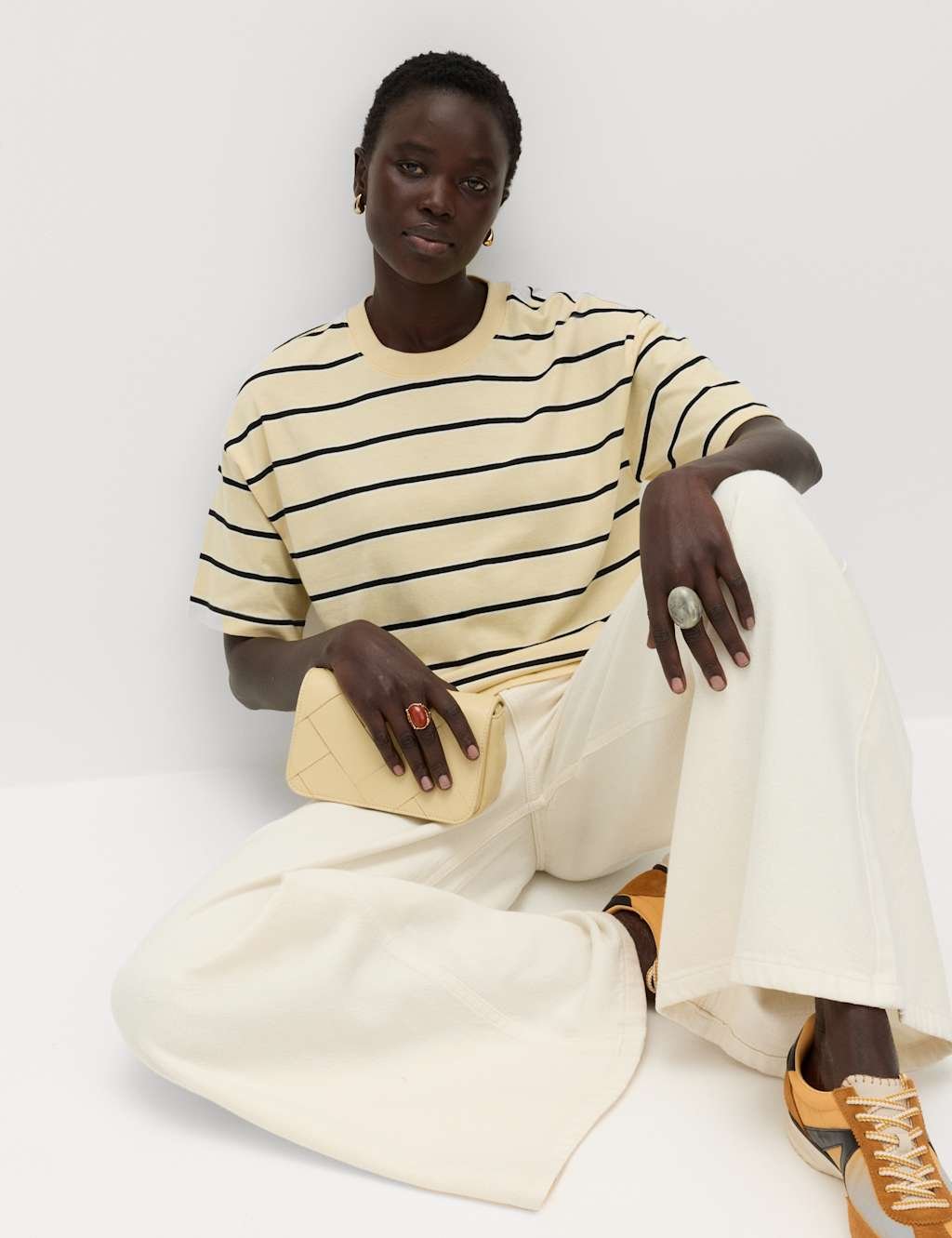 Marks & Spencer M&S Pure Cotton Striped Relaxed Boxy T-Shirt Yellow Mix - 4