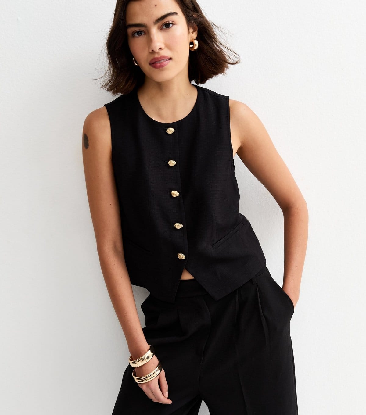 New Look Black Shell Button Waistcoat